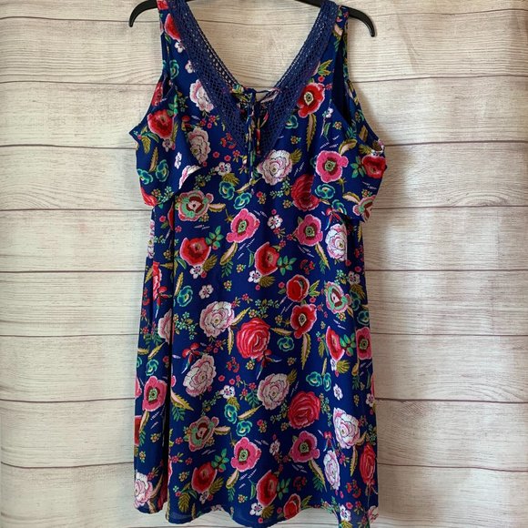 Jodi Kristopher Dresses & Skirts - Jodi Kristopher Navy Floral Shift Dress Lace-Up Front Off Shoulder Sleeves Large